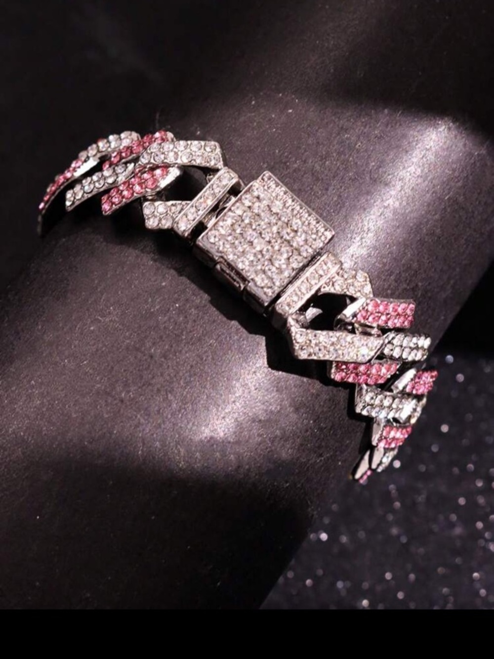 Sterling-Inspired Pink & Silver Pave Cuban Link Bracelet - Picture 5 of 6